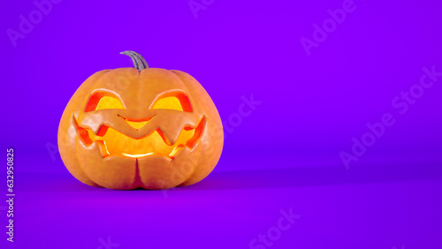 Halloween concept jack o lantern isolated on purple background with copy space.