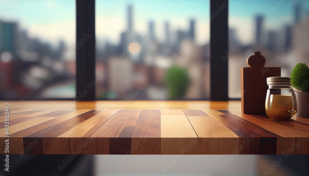 Wooden texture table top on blurred kitchen window background. For product display or design key visual layout. For showcase or montage your items, Ai generated image Wooden texture table top on blurred kitchen window background. For product display or design key visual layout. For showcase or montage your items, Ai generated image