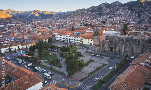 Aerial view at the museum of San Francisco Convent and San Francisco de Asis Church located in Plaza San Francisco in Cusco, Peru photo