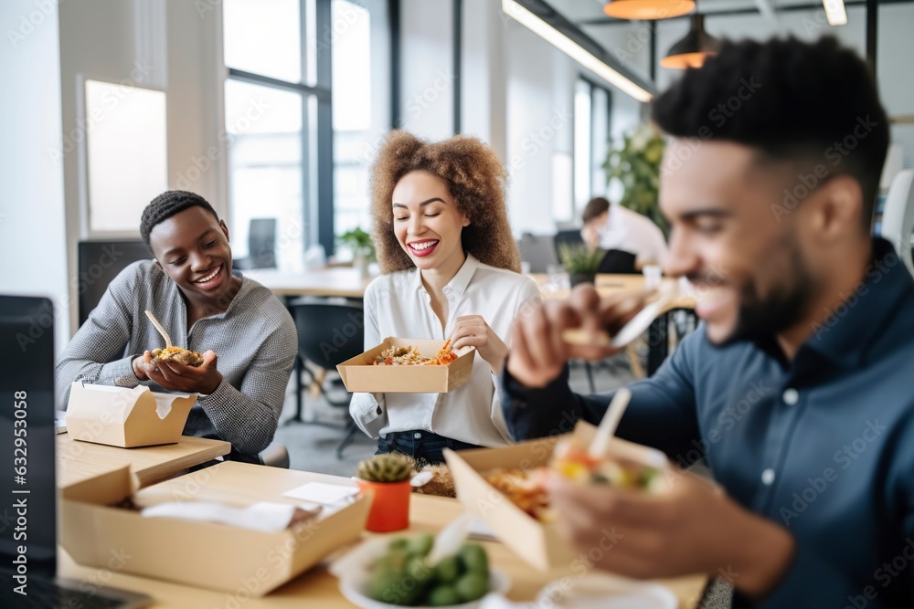 Young workers from a startup share lunch at their work tables. Young workers from a startup share lunch at their work tables.