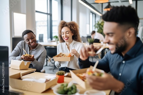 Young workers from a startup share lunch at their work tables.