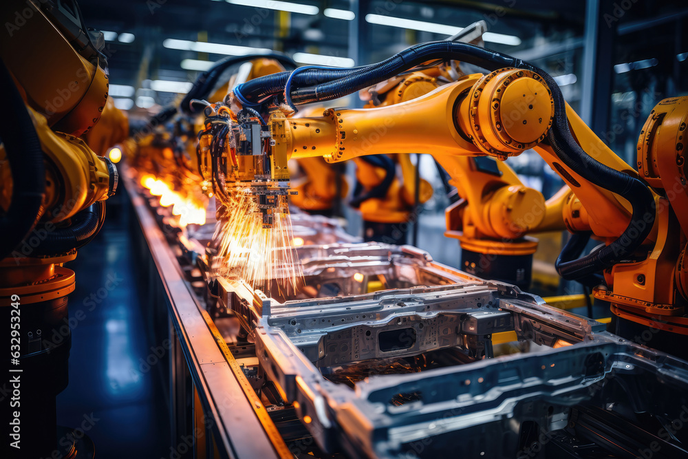 Factory floor with robotic arms at work - Automation in modern industry - AI Generated Factory floor with robotic arms at work - Automation in modern industry - AI Generated