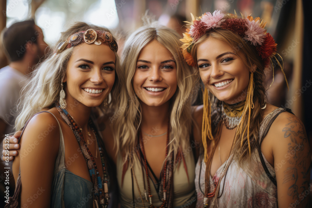 Group of friends dressed in Boho fashion at a music festival - Community and style - AI Generated