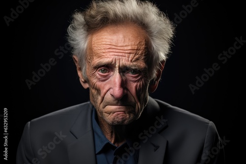 Elderly man with tears in his eyes, set against a muted grey background - Deep sorrow - AI Generated
