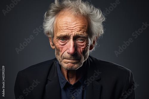 Elderly man with tears in his eyes, set against a muted grey background - Deep sorrow - AI Generated © Arthur