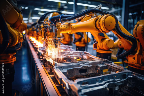 Factory floor with robotic arms at work - Automation in modern industry - AI Generated