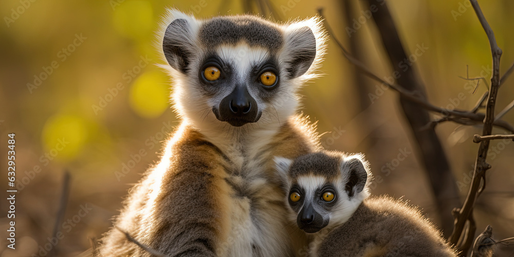 Fototapeta premium Adult lemur with baby looking at camera in the forest
