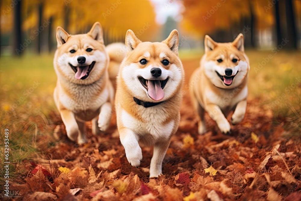 Cute playful funny shiba dogs running in a group and playing on on the grass in the park in autum

