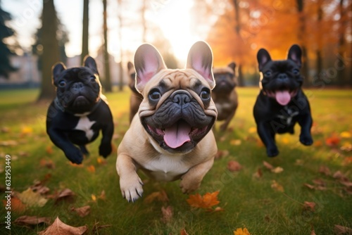 Cute playful funny french bulldog dogs running in a group and playing on on the grass in the park in autum 
