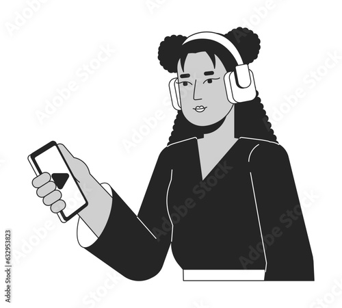 Happy woman in headphones flat line black white vector character. Editable outline half body person. Girl holding smartphone simple cartoon isolated spot illustration for web graphic design
