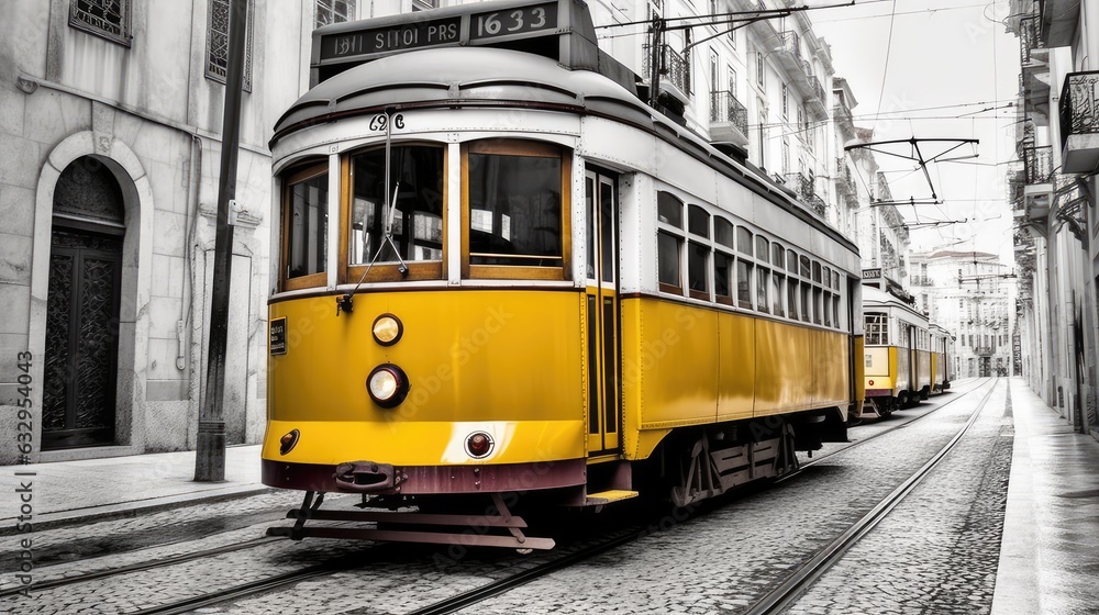Classic Bright Yellow Street Tram, an Iconic Piece of Vintage Transportation Rolling Down the Tracks Against a Backdrop of Traditional Architecture