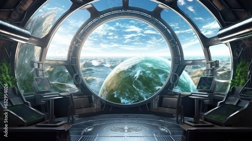 Fototapeta Naklejka Na Ścianę i Meble -  Futuristic Space Station Interior with Sleek Technology and Endless Stars Visible Through the Window, Floating in the Milky Way