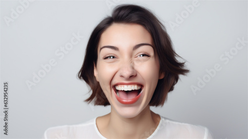 Portrait of young woman laughing with brown hair and red lipstick, showing emotions about happiness and fun, generative ai, illustration