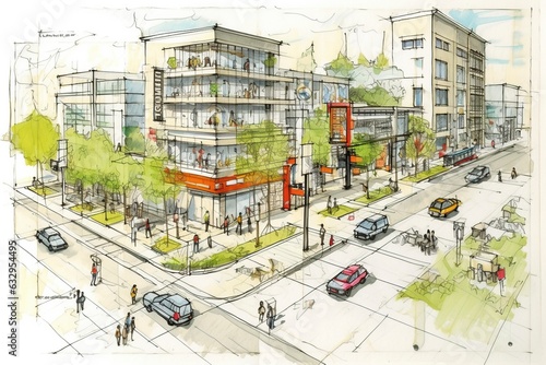 Sketch of the planning of a sustainable residential area. Ai generated.