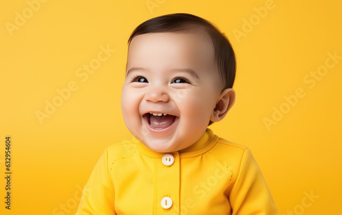 Portrait of a laughing baby in orang clothing on orange background. created by generative AI technology.