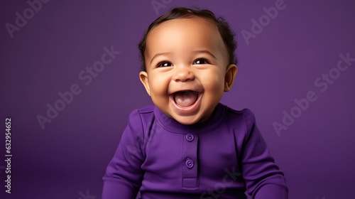 Portrait of a cute little African American baby laughing on purple background. created by generative AI technology.