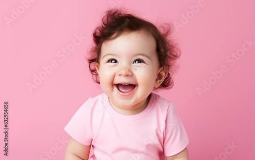 Portrait of a laughing baby girl in a pink T-shirt on a pink background. created by generative AI technology.