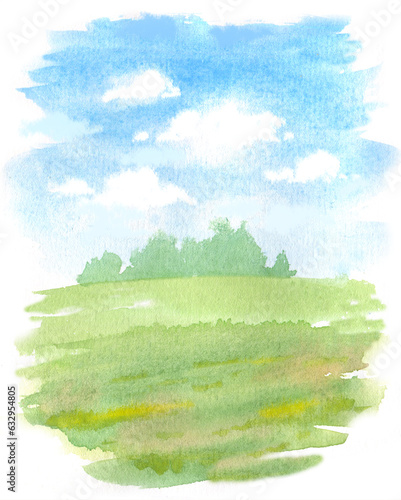 Simple watercolor landscape with blue sky with clouds and abstract green grass field, hand drawn illustration
