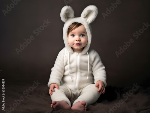 Cute little baby in bunny costume sitting on the floor on dark background. created by generative AI technology. © hakule