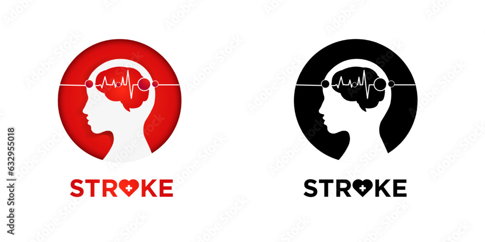 Stroke Icon. Illustration of poor blood flow to the brain causing a stroke, human profile inside a round frame and heart beat line. Vector Illustration. EPS 10. Stroke Icon. Illustration of poor blood flow to the brain causing a stroke, human profile inside a round frame and heart beat line. Vector Illustration. EPS 10.