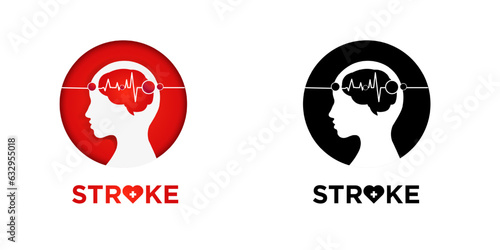 Stroke Icon. Illustration of poor blood flow to the brain causing a stroke, human profile inside a round frame and heart beat line. Vector Illustration. EPS 10.