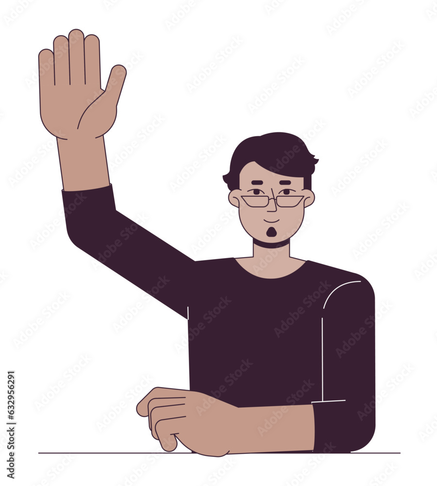 College arab student with single hand raised flat line color vector character. Editable outline half body person on white. Asking questions simple cartoon spot illustration for web graphic design