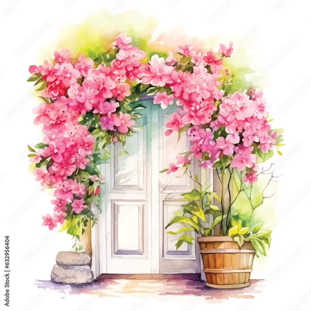  Door surrounded by flowers and vase in front of it watercolor painting ilustration