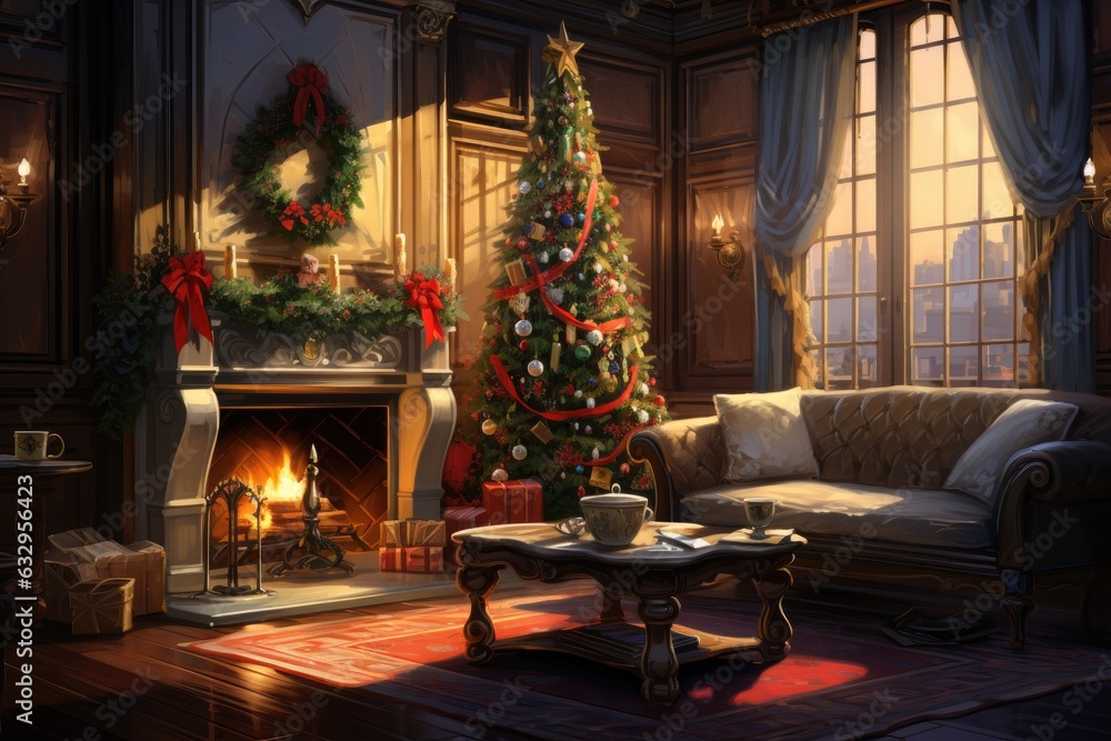 Obraz premium Craft holiday magic Christmas tree, fireplace, presents and heartwarming scene