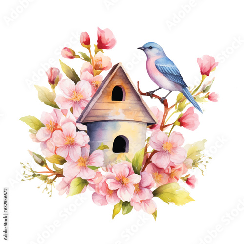 Bird and bird house watercolor paint