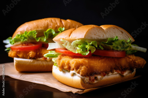 Chicken katsu sandwich with crispy and crunchy breaded chicken, lettuce, tomato, and mayo: a flavorful and delicious Japanese cuisine meal, perfect for lunch or dinner, that is portable