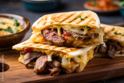 Savory mini quesadilla slider with tender steak, melted cheese, and grilled onions on a wooden board, accompanied by spicy salsa - a delicious Mexican cuisine close-up. photo