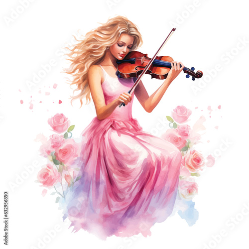 Beautiful girl playing violin watercolor hand paint.