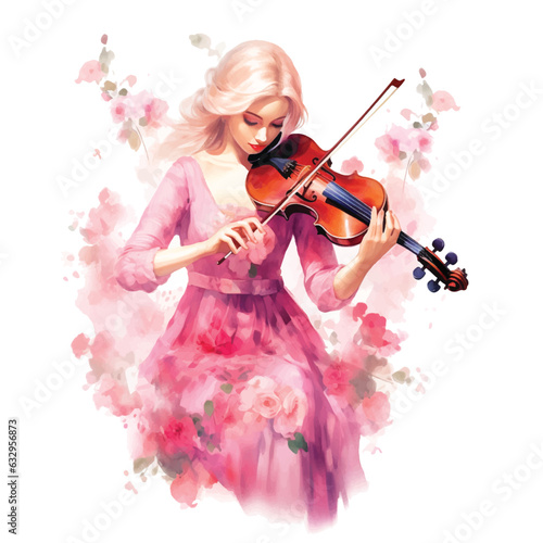  Beautiful girl playing violin watercolor painted