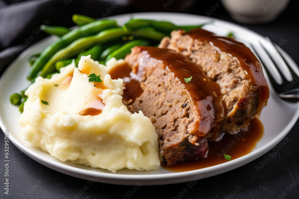 Homemade meatloaf topped with savory gravy, served with creamy mashed potatoes and green beans, creates a juicy and delicious comfort food meal. Homemade meatloaf topped with savory gravy, served with creamy mashed potatoes and green beans, creates a juicy and delicious comfort food meal.