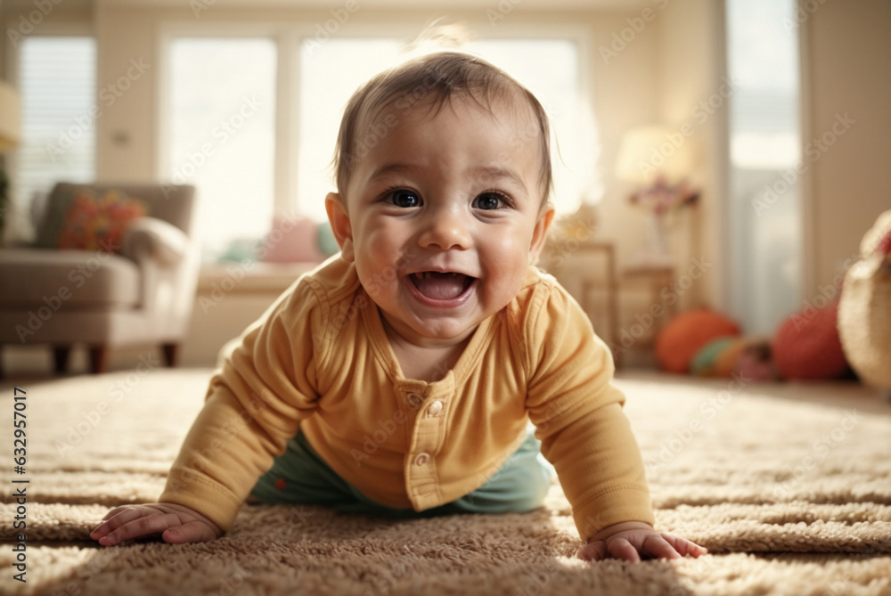 smiling baby crawling in bright living room smiling baby crawling in bright living room