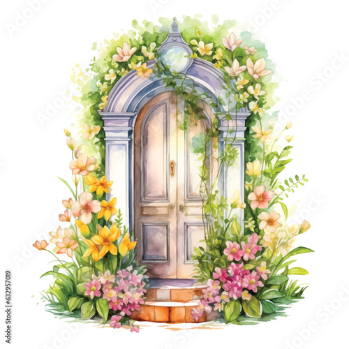 Door with flowers in front of it watercolor paint