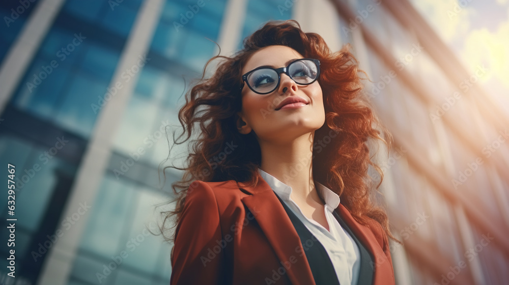 Smiling contented young stylish business woman in suit and glasses looking away, outdoors against skyscraper Smiling contented young stylish business woman in suit and glasses looking away, outdoors against skyscraper