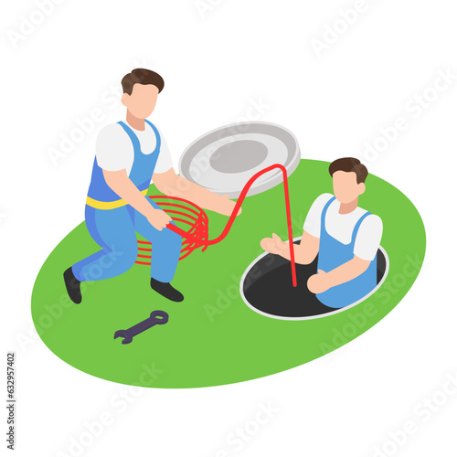 Sewer and Drain Cleaning Crew isometric Concept, Sewage Fault Vector Icon Design, Plumber equipment Symbol, Handyman Service Works Sign, Sanitary technician Stock illustration