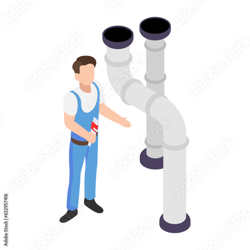Problem in Cellar isometric Concept,HVAC Work Vector Icon Design, Plumber equipment Symbol, Handyman Holding a Wrench Sign, Sanitary technician Stock illustration