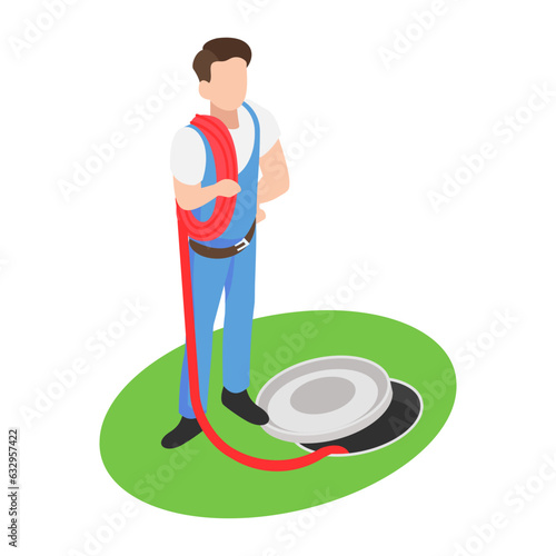 Manual sewage cleaner gearing up isometric Concept,Plumber Holding Red Rope near Main Hole Vector Icon Design, Plumber equipment Symbol, Scavengers Service Work Sign, Sanitary technician illustration