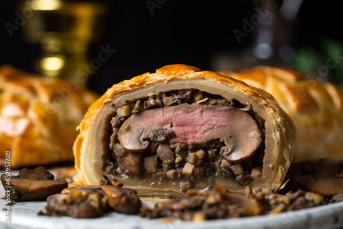 Beef Wellington baked to perfection, with flaky, buttery pastry and savory mushroom stuffing, presents an elegant, gourmet meal.