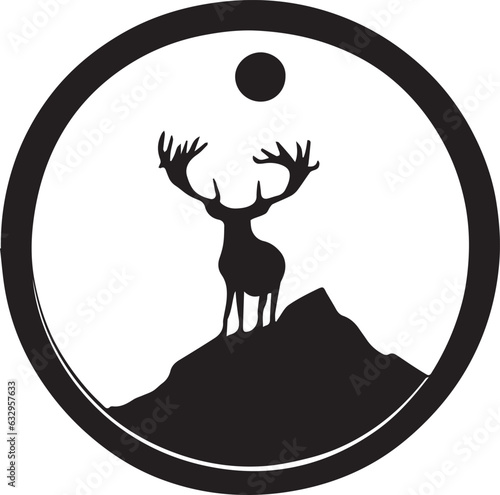 Composition of a circle an with elk staying on the top of the mountain silhouette