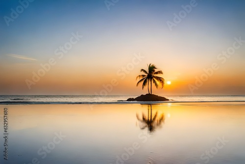 sunset on the beach , palm trees in the center of beech 