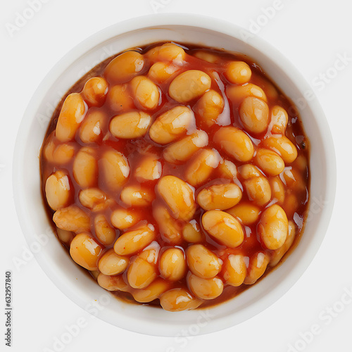 Beans Cooked in tomato sauce in a white bowl isolated on a white background, top view
