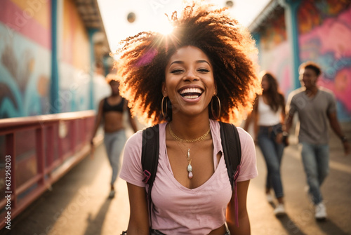 portrait of beautiful black woman smiling with friends, at sunset, in the city, colorful bridge background, beautiful sunny summer day  © anandart