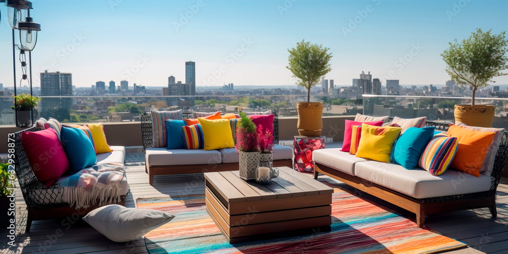rooftop terrace transformed into a chic outdoor living room with panoramic city views and cozy seating.Generative AI