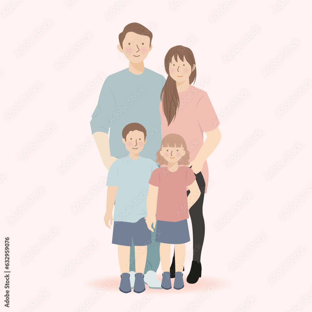 Cute Family Cartoon Character of Father, Mother, Son and Daughter Standing and take a pose together