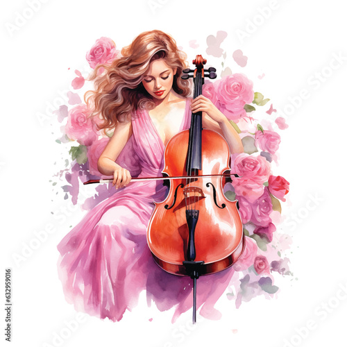 Beautiful girl playing Cello watercolor painting vector ilustration