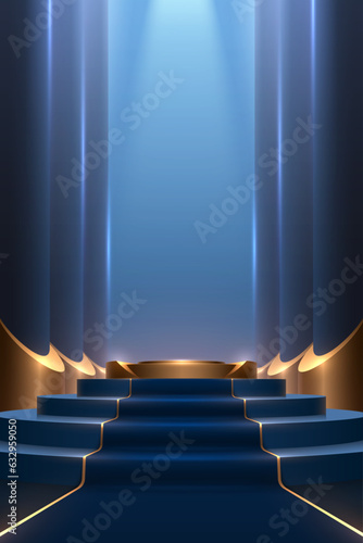 Blue and gold podium with carpet and columns