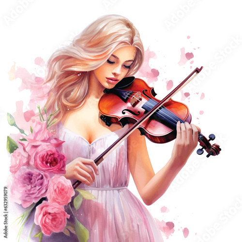 Beautiful girl playing violin watercolor painting vector ilustration